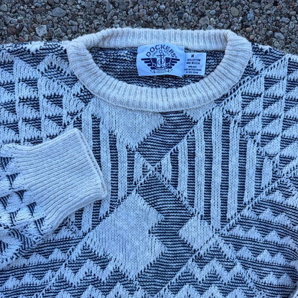 Vtg Dockers Levis White & Blue Geometric Sweater Medium Fisherman Rare USA 90s